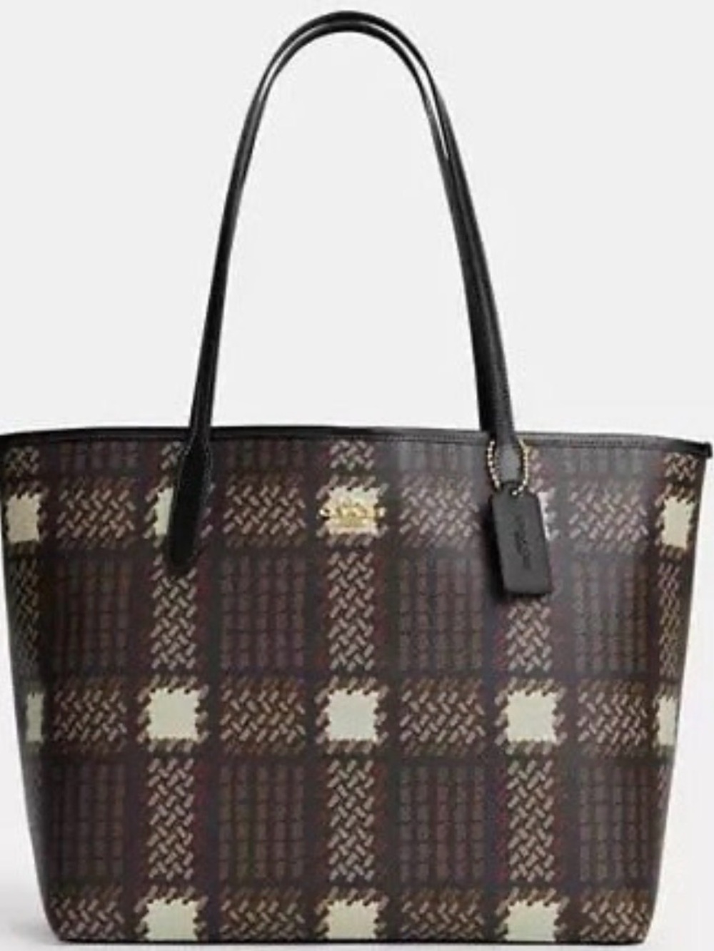 Like New Coach CM162 City Tote With Brushed Plaid Print Gold/Brown Multi